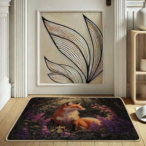 Paillasson renard d'automne – Paillasson renard orange pour intérieur et extérieur, décoration florale rustique, caoutchouc imperméable, antidérapant,...