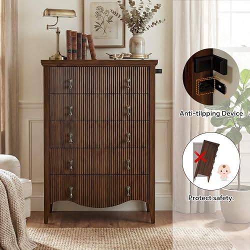 Image of FUSUNBAO 5-Drawer Tall Fluted Dresser, Vertical Chest of Drawers,Walnut | Vintage Dark Brown Wood-Look, Freestanding Vertical Organizer, Antique Pulls, For Bedroom, Living Room, Closet, Hallway