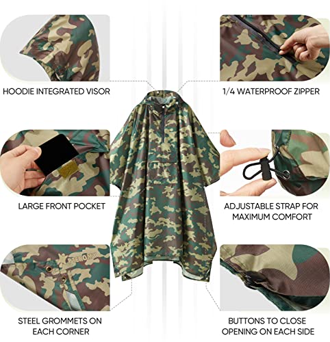 Image of PTEROMY Hooded Rain Poncho for Adult, Waterproof Lightweight Unisex Raincoat for Hiking Camping Emergency