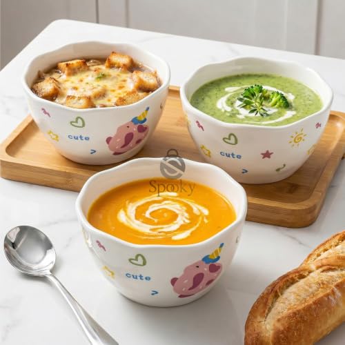 Image of Spooky Cute Ceramic Cereal & Soup Bowls (420ml) | Bowls with Top Waving Design | Microwave Safe Serving Bowls for Ramen, Noodles, Salad, Rice & Breakfast | Katori /Bati /Pyala (Set of 2,Pink Rabbit)