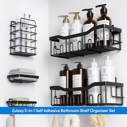 Image of Zulaxy 5 in 1 Self Adhesive Bathroom Shelf Organizer with Soap Holder | Multipurpose Storage Rack Combo for Bathroom & Kitchen | No Drill, Rustproof, Stainless Steel and Waterproof (Set of 5, Black)