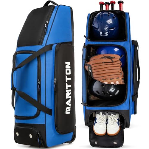 MERALIAN Rolling Baseball Catchers Gear Bag with Wheels, Large Baseball Softball Bag for 4 Bats with Shoe Compartment, Fence-Hooks and Multi-Pockets. (BLUE)