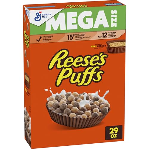 REESE'S PUFFS Chocolatey Peanut Butter Cereal, Kids Breakfast Cereal, Mega Size, 29 oz