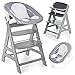 Hauck Alpha Plus Newborn Set - Chaise Haute Bébé en Bois - Évolutive dès naissance/Inclus Transat pour nouveau-né, Coussin assise, Hauteur réglable - Gris/gris