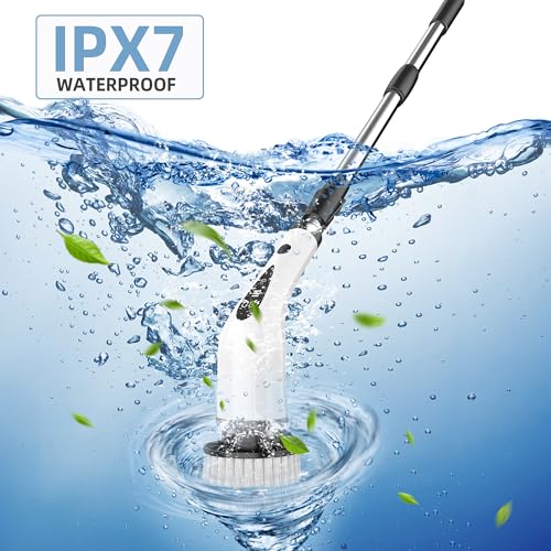 Image of Electric Spin Scrubber, 3-Speed Flat End Brush with 8 Brush Heads & Base, IPX7 Waterproof, Adjustable Long Handle, Digital Display, 2500mAh Fast Charging, for Bathroom, Tub, Tile, Floor