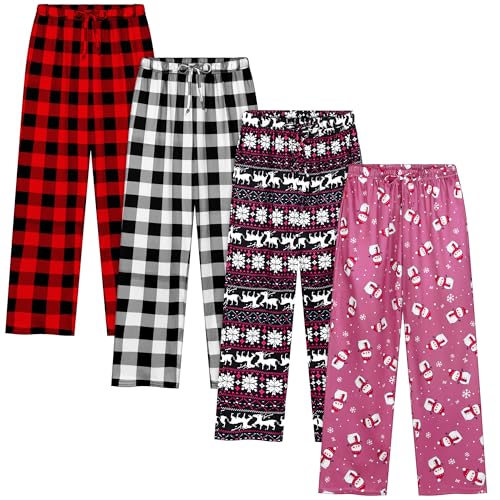 Cooraby 4 Pack Boys Girls Plaid Pants with Pockets Printed Plaid Pants with Elastic Waist Drawstring for Christmas Daily Wear