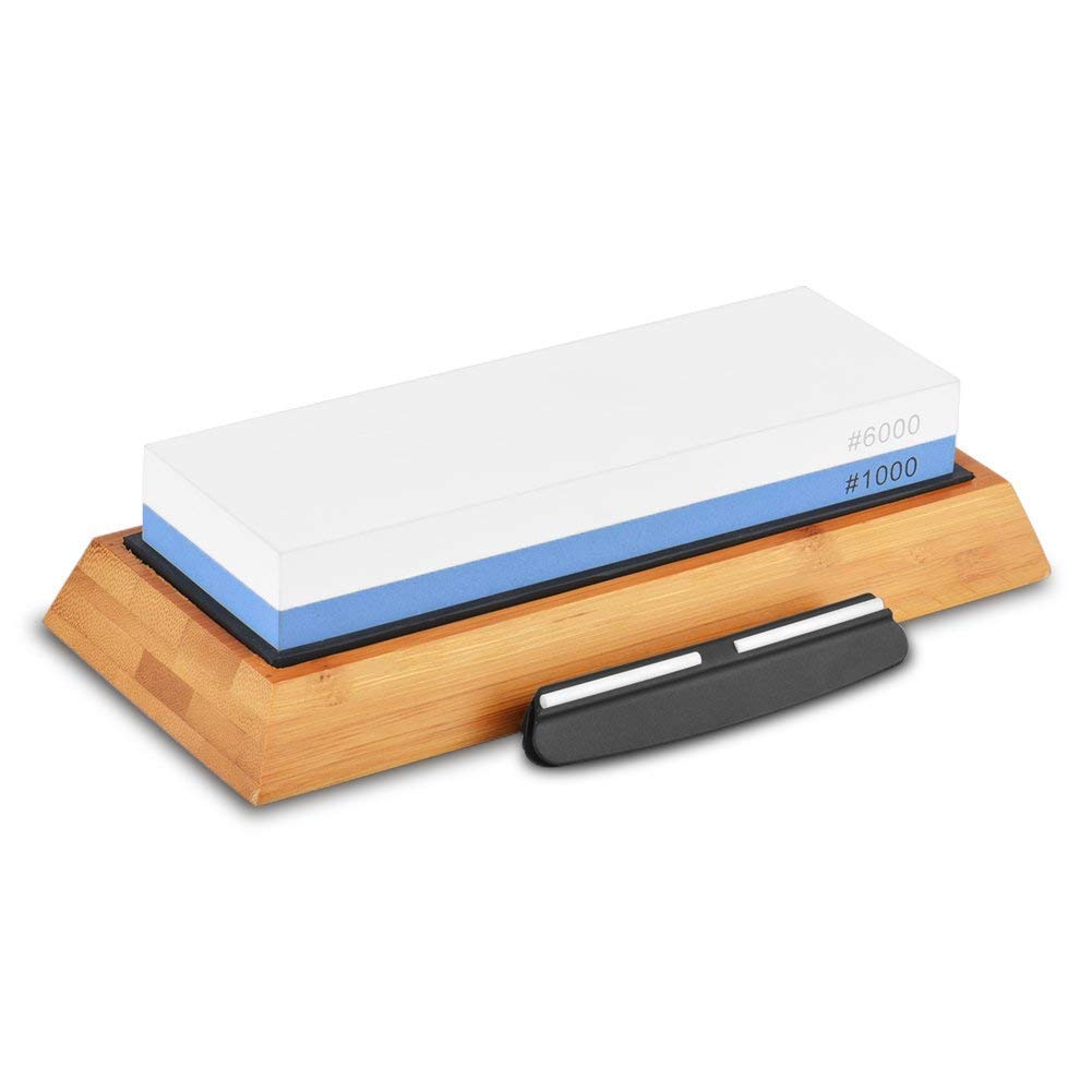 Best Knife Sharpening Stone - Double-Sided Waterstone - 1000 / 6000 Grit Whetstone - Non-Slip Bamboo Base and Angle Guide - Perfect Tool for Polishing Kitchen Knives, Hunting Blades, and Fishing Hooks
