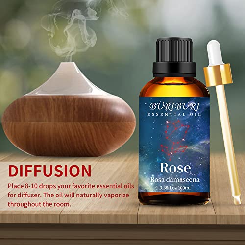Image of BURIBURI Rose Essential Oil 100ML Gifts Set 100% Pure Natural Undiluted Aromatherapy Rose Oil 3.38fl.oz for Soap, Candle Making, Massage, Diffuser, Humidifier