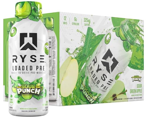 Image of RYSE Loaded Pre Workout Drink - Sour Punch Green Apple - Sugar-Free, Ready to Drink Energy Supplement with 325mg Caffeine, Citrulline & Beta Alanine for Focus & Pump - 12 fl oz Bottles (Pack of 12)