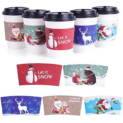 60pcs Christmas Coffee Cup Hot Chocolate Cup Sleeves,Fits 12 oz to 20 oz,with 5 Different Custom Xmas Designs,for Christmas Hot Chocolate,Coffee,Cocoa,Tea or Cold Beverage Cover