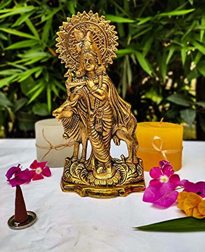 Image of Wonder Care Lord Krishna Statue with Cow Janmashtami| Krishna Statue Figurine with murli Bansi - Antique Hindu Gopal Idol for Indian Religious-Krishna Idol.