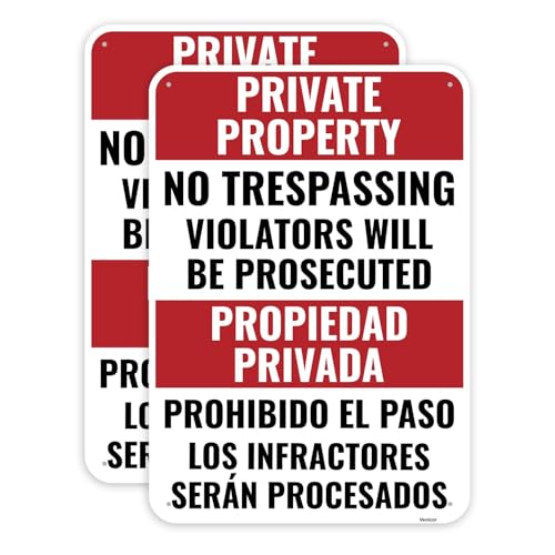 2PC Private Property No Trespassing Signs Spanish, 10 x 7 Inches - Aluminum - Propiedad Privada No Traspasar Violators Will Be Prosecuted Bilingual
