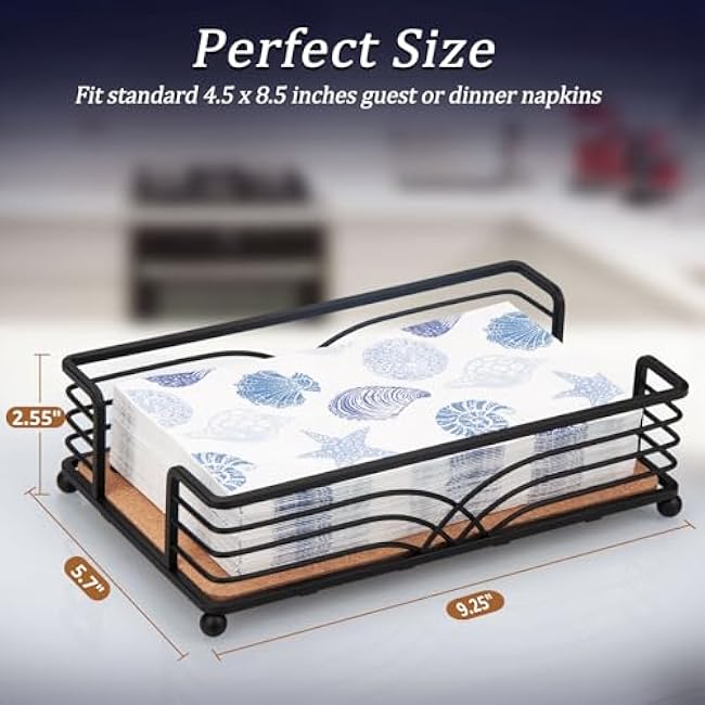 Napkin Holder for Bathroom, Bathroom Napkins Holders for Table Paper Disposable Hand Towel Holder Disposable Guest Towel Holder Tray (Cast Iron+ Cork)