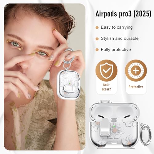Image of Compatible Airpods Pro 3 Case (2025) with Phone Stand & Cleaner Kit,Cute Flower Print Soft Silicone Lock Clip Apple AirPods Pro 3rd Generation Case, Airpod Pro 3 Cover with Keychain for Women /Girls