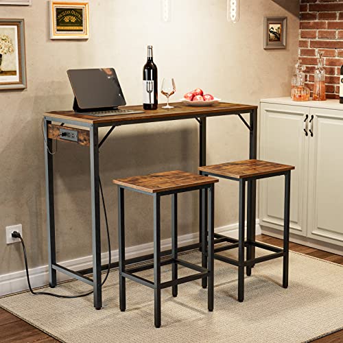 HOOBRO-Bar-Table-and-Chairs-Set-394-Dining-Table-Set-with-Power-Outlet-3-Piece-Pub-Table-Set-Kitchen-Bar-Height-Table-with-Stools-of-2-Space-Saving-for-Living-Room-Rustic-Brown-BF45UBT01 HOOBRO Bar Table and Chairs Set 394 Dining Table Set with Power Outlet 3 Piece Pub Table Set Kitchen Bar Height Table with Stools of 2 Space Saving for Living Room Rustic Brown BF45UBT01