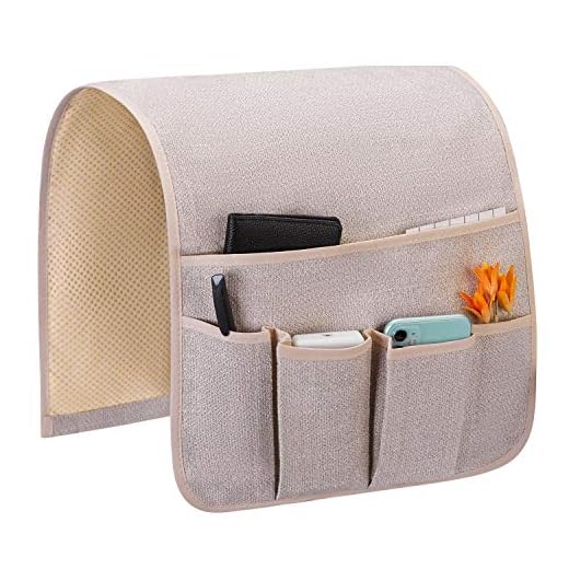 Teniux Remote Control Holder Non-Slip Couch Sofa Chair Armrest Organizer with 5 Pockets Armchair Caddy for Smart Phone, Book, Magazines, Ipad (Gw-Beige)
