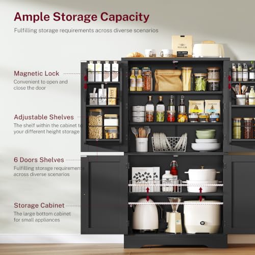 Image of TEENFON 51 inch H Pantry Cabinet with 4 Doors, Kitchen Cabinet with 6 Door Shelves, Kitchen Pantry for Living Room, Dining Room, Bathroom, Black