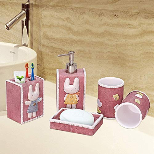 Xinxinchaoshi Lotion Dispenser Cute Bunny Bathroom Accessory 5 Piece Set, Toothbrush Holder Toothbrush Cup Soap Dispenser Set Girl Girlfriend Gift (Pink) #TOP4
