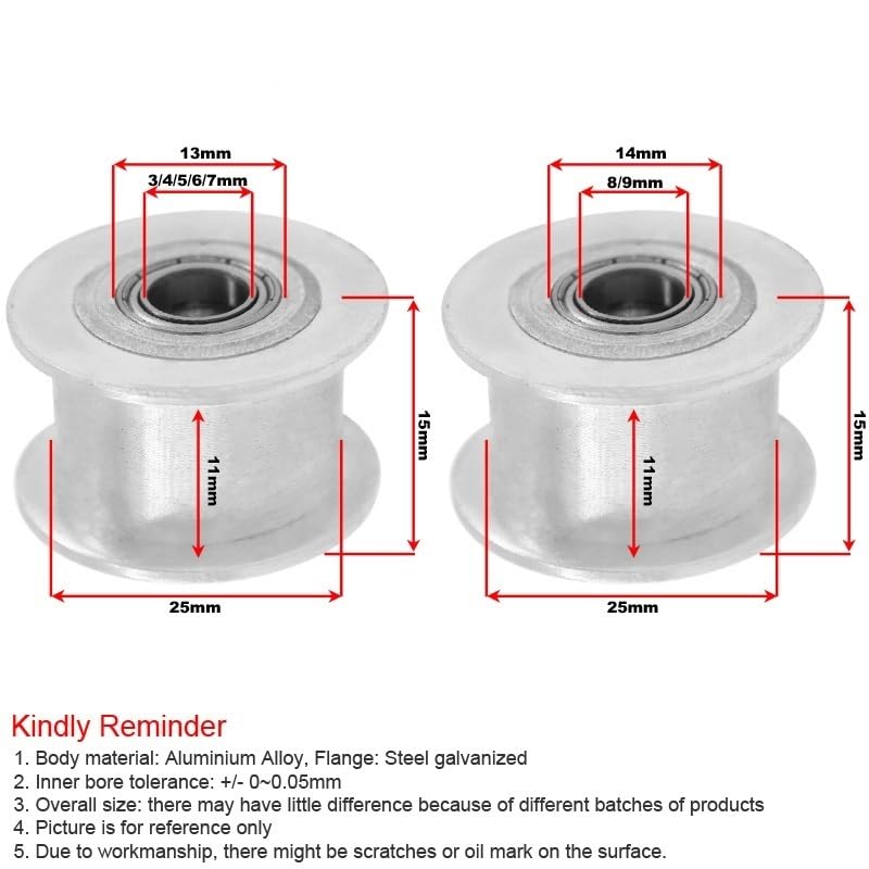 Durable 2pcs XL 16T Tooth Belt Idler Pulleys Without Teeth, Inner Bore 5/6/7/8mm Timing Pulley 11mm Width Synchronous Pulley Wheel (Size : 5mm)