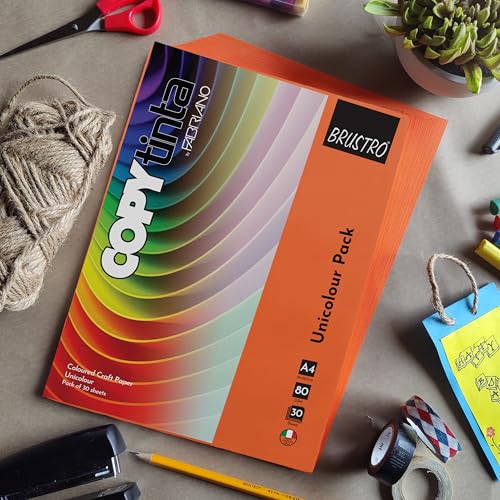 Image of BRUSTRO Copytinta Coloured Craft Paper A4 Size 80 GSM Orange Shade (ARAGOSTA), 60 Sheets Pack | Double Side Colored, Ideal for Origami, Scrapbooking, Making Card, DIY Art & Craft.