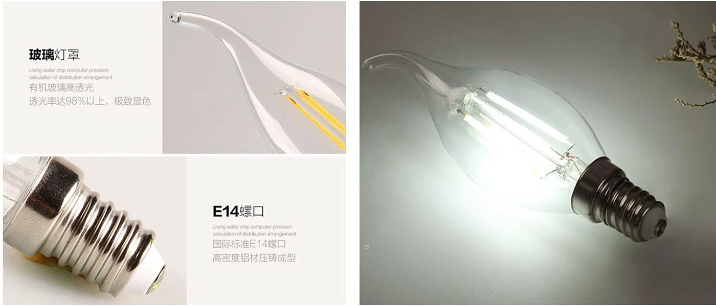 ZYUJIA 10 Packs 4W E14 LED Candle Bulb(Equivalent to 40W) 400LM Not-Dimmable C35 LED Filament Light Bulb,6500K Cool White Vintage Filament Energy Saving Candelabra Lamp,360 Beam Angle - Image 5