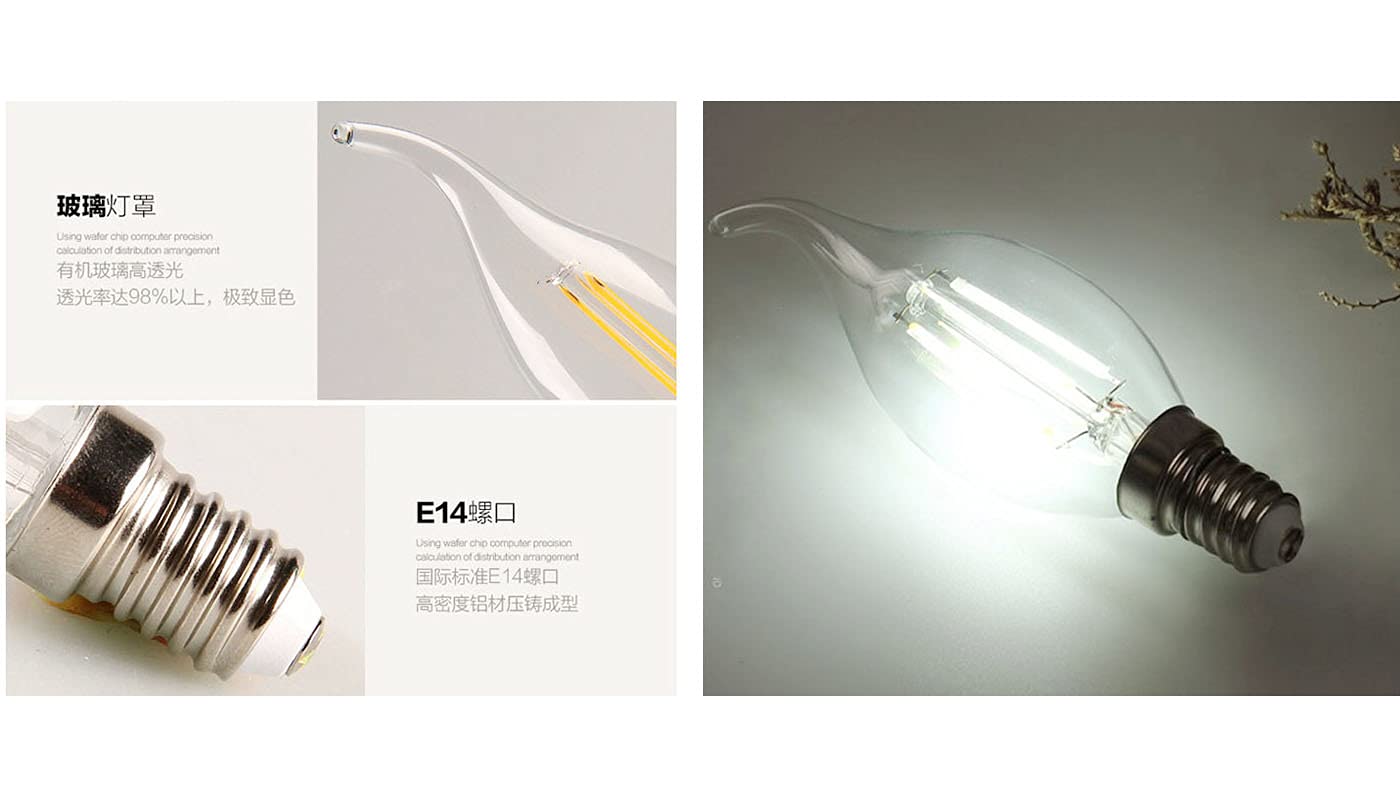 20 Paquetes de Bombilla de Vela LED E14 de 4W(Equivalente a 40W) Bombilla de Filamento LED C35 No Regulable de 400LM,Lámpara de Candelabro de Ahorro de Energía Vintage Blanco Frío de 6500K