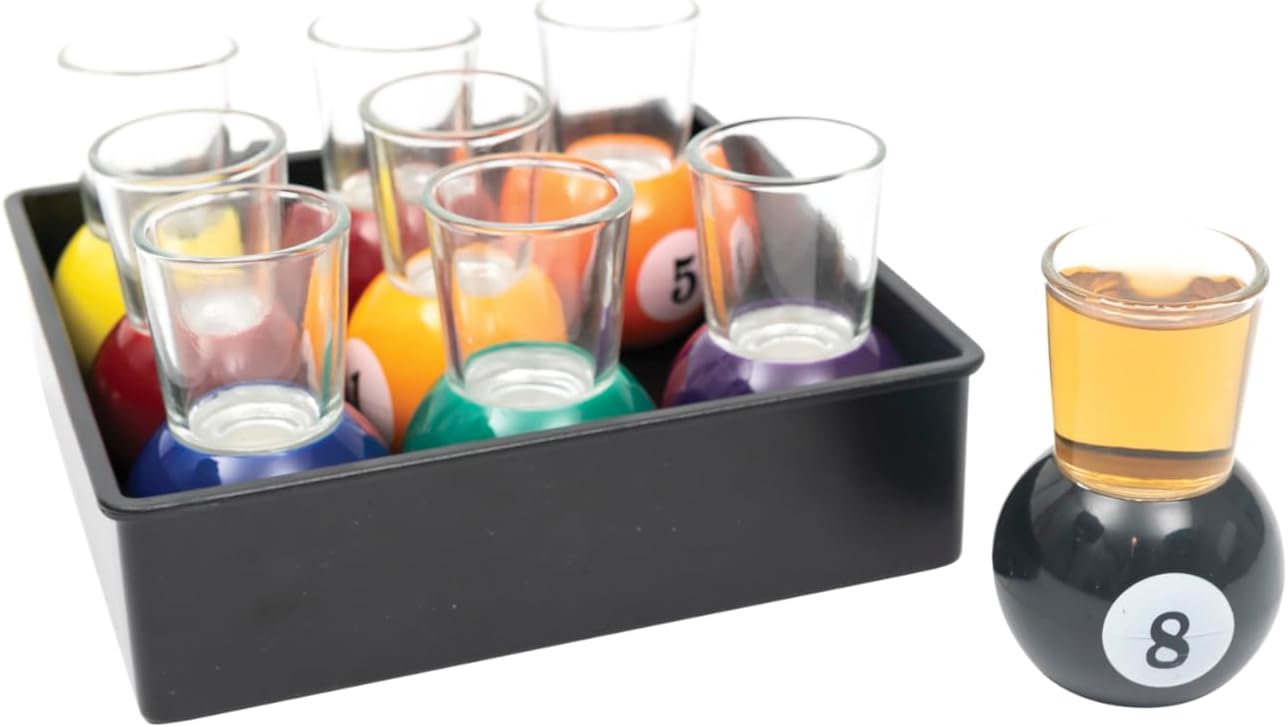 Mad Man 33119 Trick Shot Billiards Pool Ball 1 Ounce Shot Glasses In 6.5 x 6.5 x 3.25 Inch, Storage Tray for Sports Bars & Game Nights, 10 Piece Set