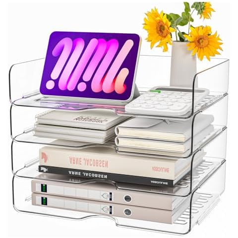 Paper Organizer Letter Tray, 4 Pack Acrylic Stackable Desk File Organizer,Clear File Organizer for Desk, Office Organizer for File Paper, Ipad, Letter, A4 Office File, Books, Notes, Paper Folder Cover