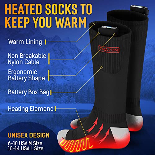 Trazon Heated Socks for Men and Women Rechargeable - Electric Battery Thermal Hunting Fishing Camping Skiing Cycling Running Washable Ergonomical with 4 Temp Modes 5V 5000mA Medium
