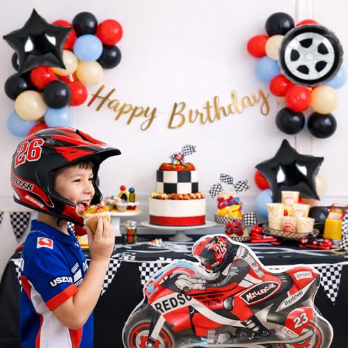 Image of Bike Theme Birthday Decoration Kit with Gold Happy Birthday Banner - Racing Bike Theme Party Decoration for Kids Boys Birthday - Pack of 43 Pcs