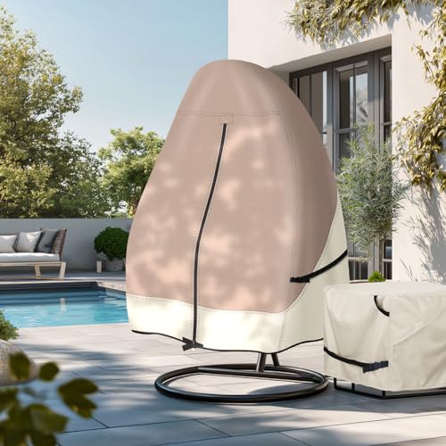 Porch Shield Patio Hanging Egg Chair Cover - 600D Waterproof Outdoor Single Seat Wicker Swing Egg Chair with Stand Protector, Light Tan & Khaki by Porch Shield - Image 7