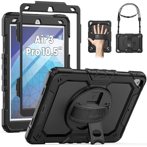 SEYMAC for iPad Air 3 Case 10.5'' for iPad Pro 10.5 Case, Heavy Duty Full-Body Shockproof Protective Case with Screen Protector, 360° Rotating Stand, Hand/Shoulder Strap for iPad Air 3rd Gen, Black Cover