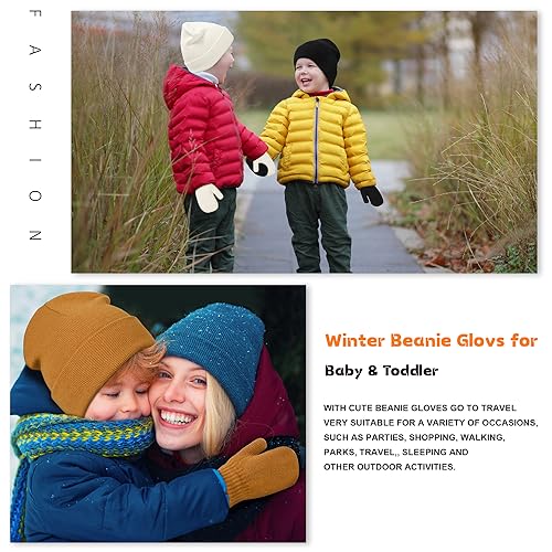 Image of Baby Beanie Hat Gloves Set, Kids Winter Warm Knit Hat with glvoes,Toddler Soft Beanie for Little Boys Little Girls Children