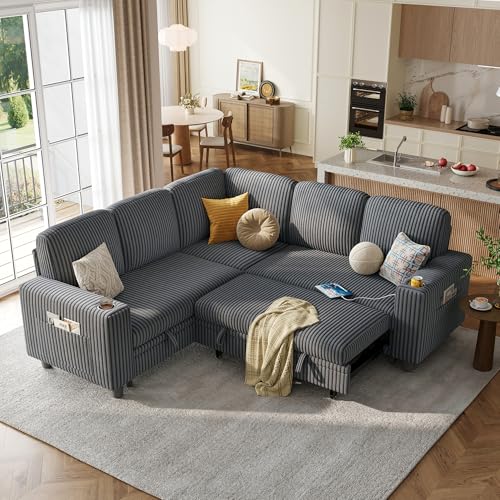 LINSY HOME Sectional Sleeper Sofa with Pull Out Couch Bed - Convertible Plush Corduroy Cloud Couch with Storage Chaise & USB Charging, Comfy L Shaped Modular Couches for Living Room Apartment (Grey)