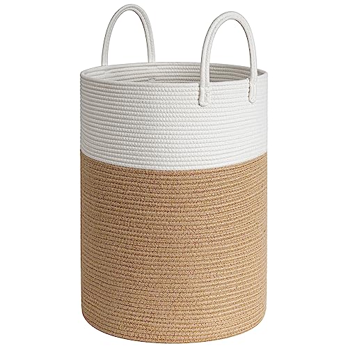 Image of Goodpick Woven Blanket Laundry Basket, 72L Decorative Rope Storage Basket for Living Room, Tall Laundry Hamper for Clothes, Toys, Towels, Big Laundry Basket 16 x 22 Inches, White and Jute