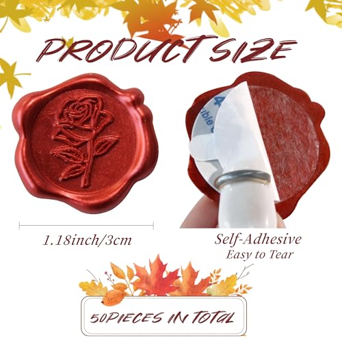 50pcs Red Rose Wax Seal Stickers, Rose Wax Seal, Red Rose Stickers for Envelopes, Waterproof, for Wedding Invitation, Christmas