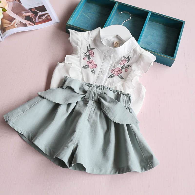 Image of Bold N Elegant Floral Embroidered Cotton Sleeveless Ruffle Top and Shorts Clothing Set for Infant Toddler Baby Girl