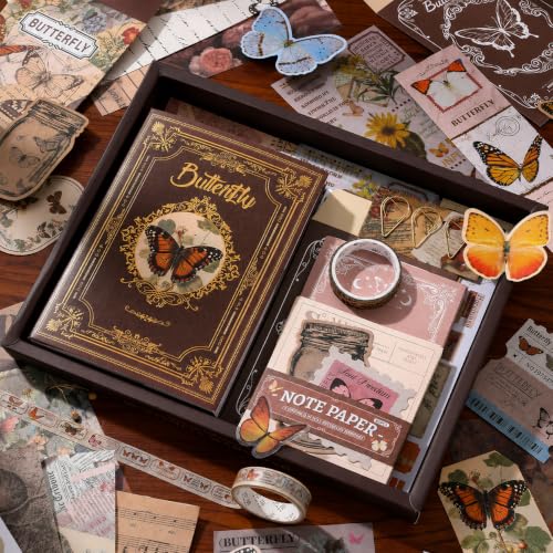 Image of RANDEN Butterfly Journaling Kit, 346PCS Vintage Scrapbook & Stationery Set with Aesthetic Stickers, Ephemera Pack and Journal Supplies for Bullet Journals, Planners, Albums & Creative Crafts (Butterfly)