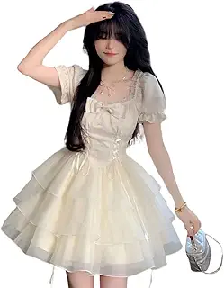 [WURHUDC] 地雷系 ファッション レディース 夏 上品 パフスリーブワンピース お姫様 おしゃれ 半袖 フレアワンピース 膝丈 可愛い パーティー 結婚式 パーティードレス 通勤 二次会