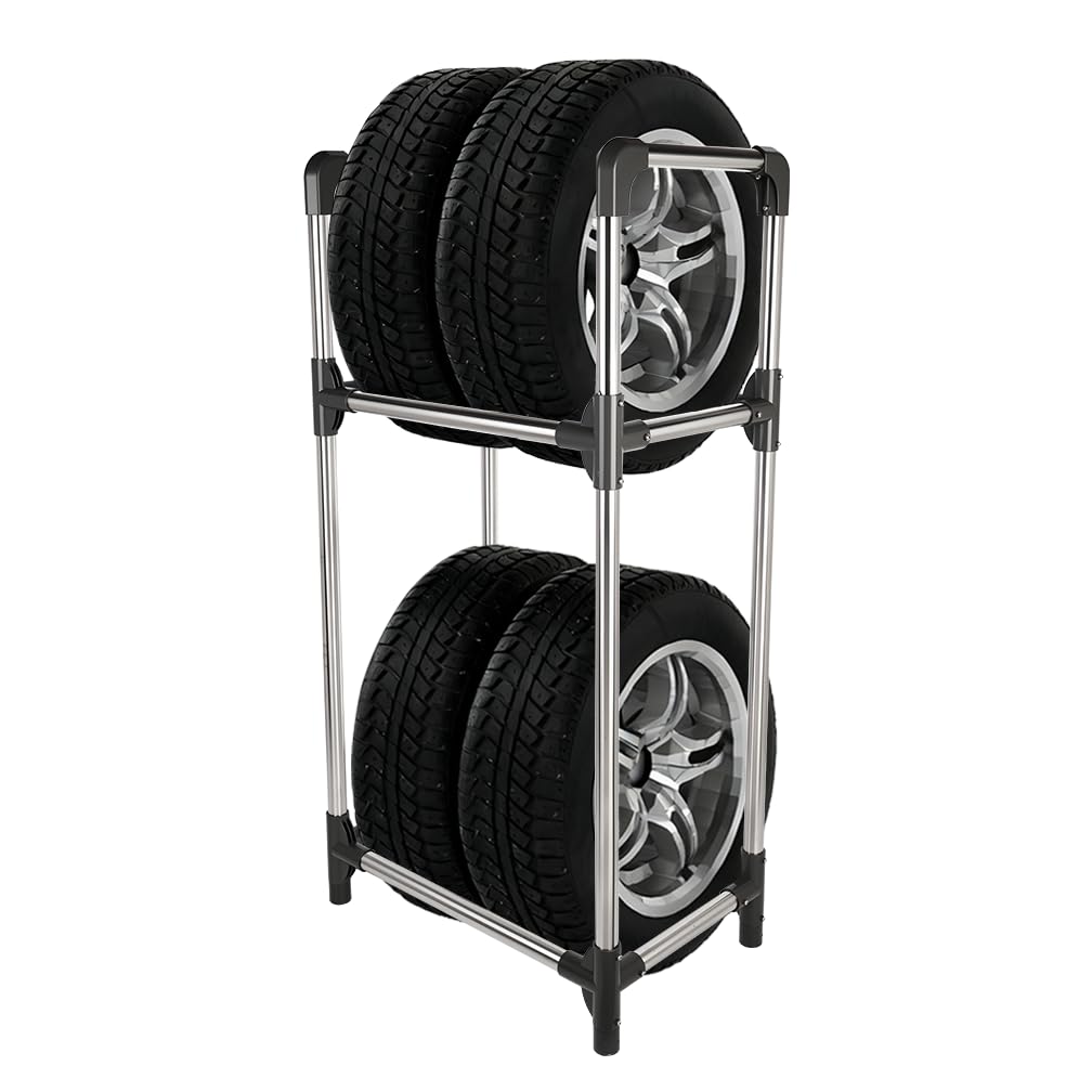 Hershii Reifenständer 2 Ebenen Reifenregal für 4 Reifen aus Metall für Garage Keller Werkstatt Lagerhaus,57.2 X 37.3 X 114.6cm (Black + Silver)