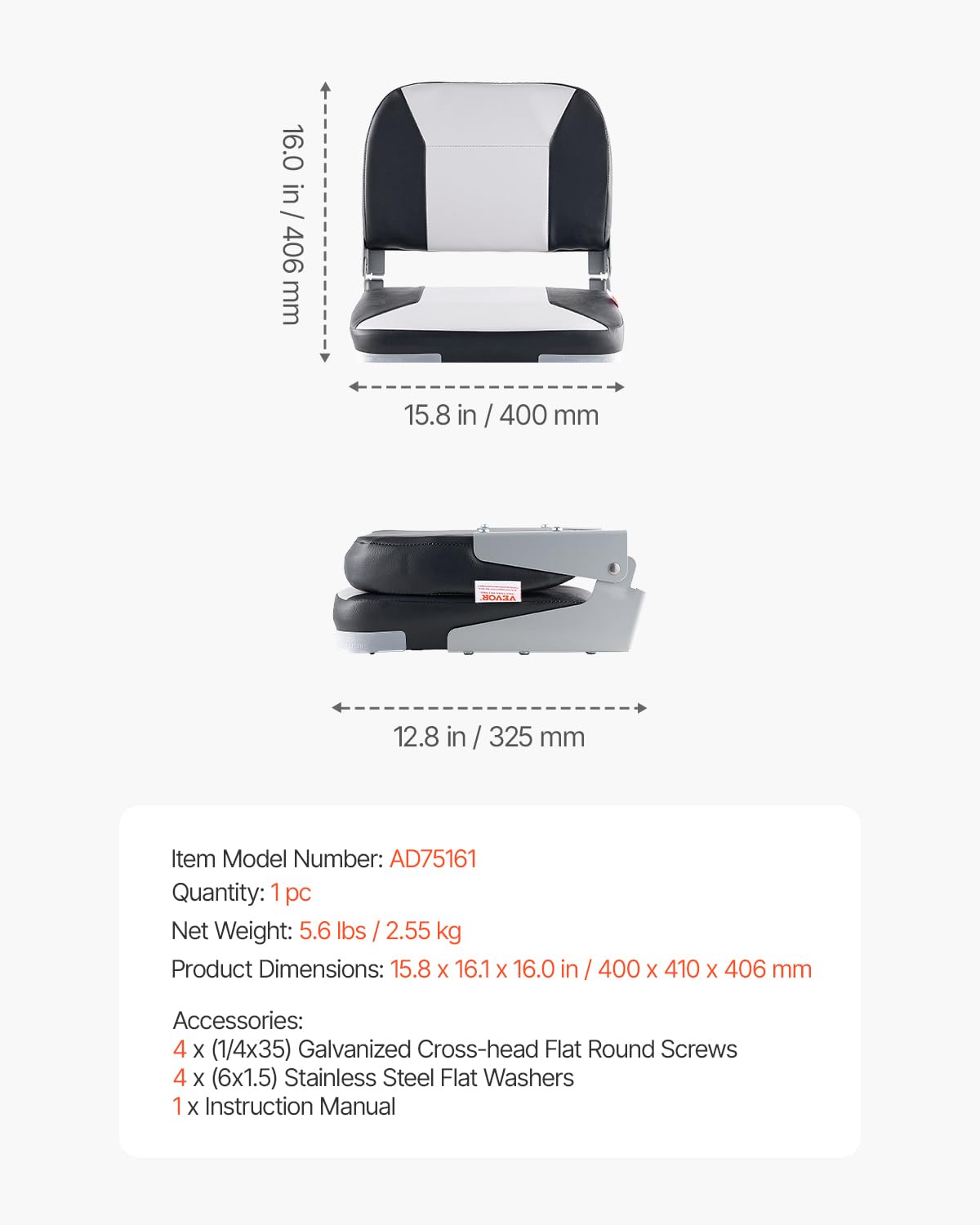 VEVOR Asiento de Barco con Respaldo Bajo Silla de Barco de Pesca Plegable con Cojín de Esponja Espesado y Cuero de PVC Impermeable Asiento de Bote Abatible para Barcos de Pesca, Yates, Negro y Gris