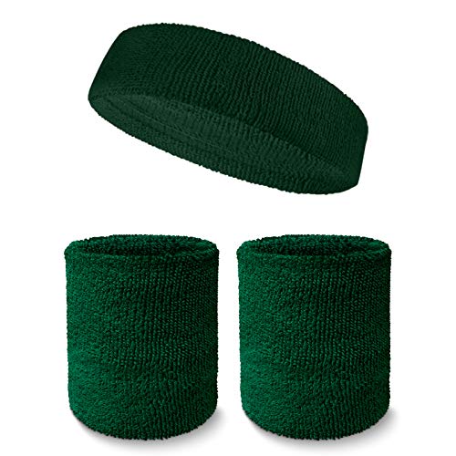COUVER Unisex Terry Sweatband Set, Headband Wristbands, Dark Green