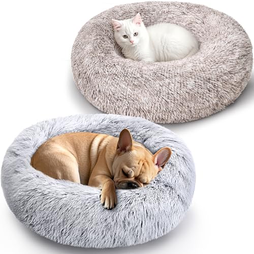ZVBEK Calming Dog & Cat Bed 2 Pack, 20'' Cat Beds for Indoor Cats, Donut Bed for Puppy and Kitten, Washable Round Fluffy Pet Bed for Small Medium Dogs and Cats (Brown&Grey)