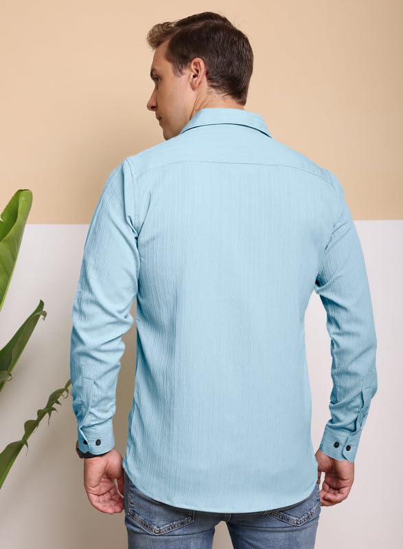 Image of Macsivo Men's Popcorn Shirt with Spread Collared Long Sleeve Button Down Closure Curved Hem Length | Linen Shirt for Man
