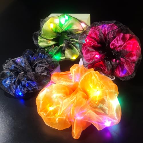 4Pcs Light Up Scrunchies for Women Girls, Double-Layer Fabric LED Scrunchie Hair Ties, Glow in The Dark Hair Accessories for Christmas, Neon Party Supplies, Rave Oufit Festival Essentials
