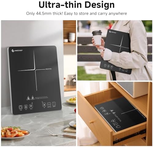 AMZCHEF Single Induction Cooker, Ultra-thin Induction Hob with Fashion Look, 20-level Power and Temperature Control, Black Frosted Glass Panel, Touch Sensor, 3-hour Timer, Safety Lock - View 8