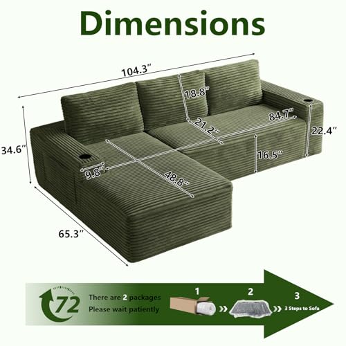 Image of 104.3 inch Modular Sectional Sofa,Modern Corduroy Cloud Couch with Cup Holder & Side Pockets,Boneless Couch Upholstered 3-Seater L-Shaped Sofa for Living Room,No Assembly (Green, Left-Facing Chaise) | with Cup Holder