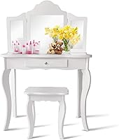 Vista 1 de MAT EXPERT Tocador de princesa 2 en 1 para niños con espejo de tres pliegues, taburete y cajón, parte superior desmontable, tocador de maquillaje