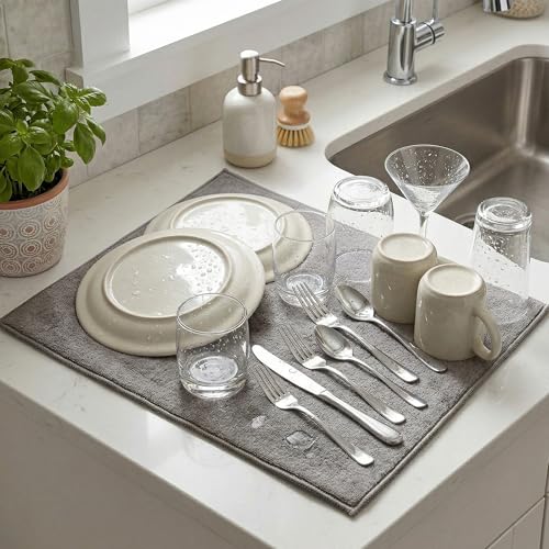 Image of Cutting EDGE Microfiber Dish Drying Mat - Water Absorbent & Reversible for Kitchen Utensils, Counter Top, Sink (Pack of 1, Grey Color, Plain-Design)