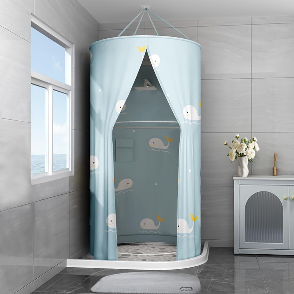 Tenda da doccia rotonda, 100 x 200 cm, da appendere, in poliestere, impermeabile, portatile, per campeggio, viaggi, doccia interna (100 x 200 cm, motivo balena)